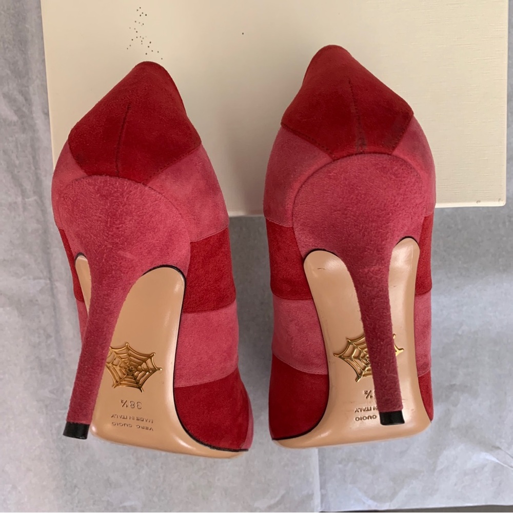Charlotte Olympia DESIREE IN STRIPES Suede Pumps Rouge/Dark Pink SZ 8.5/EU 38.5 - Picture 10 of 14